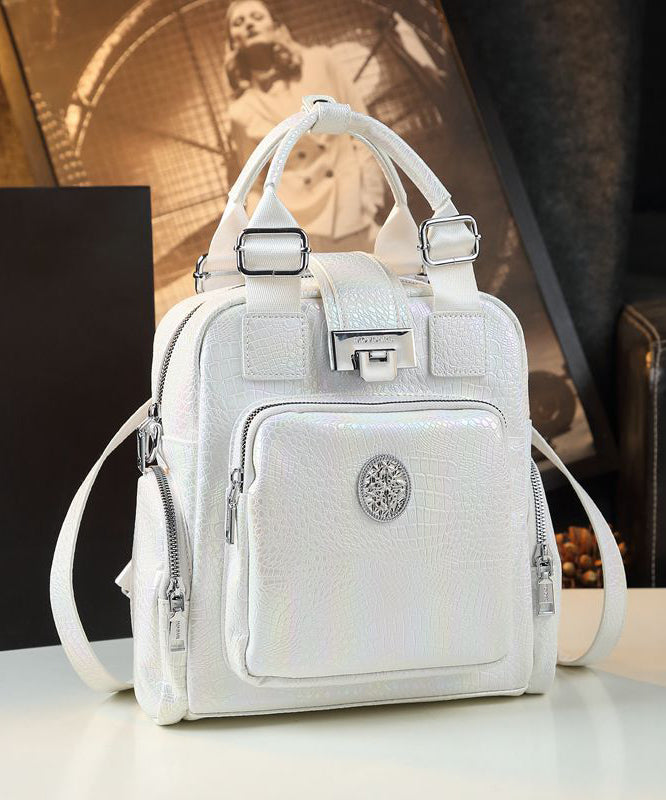 Chic White Embossed Pockets Calf Leather Tote Backpack Bag