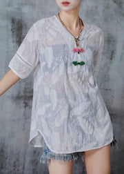 Chic White Embroidered Chinese Button Cotton Shirt Tops Summer