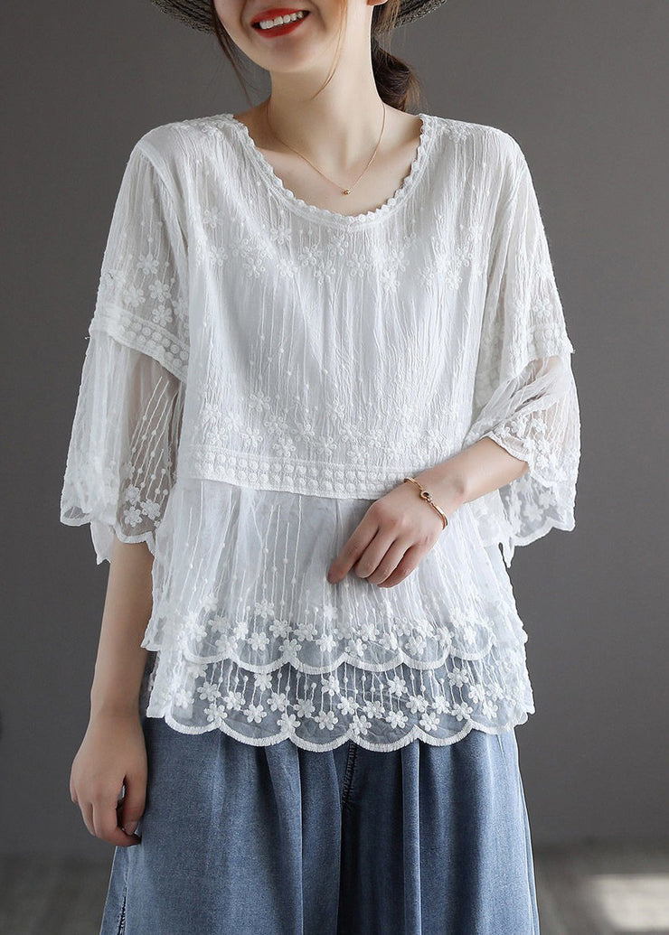 Chic White Embroidered Lace PatchworkTops Half Sleeve