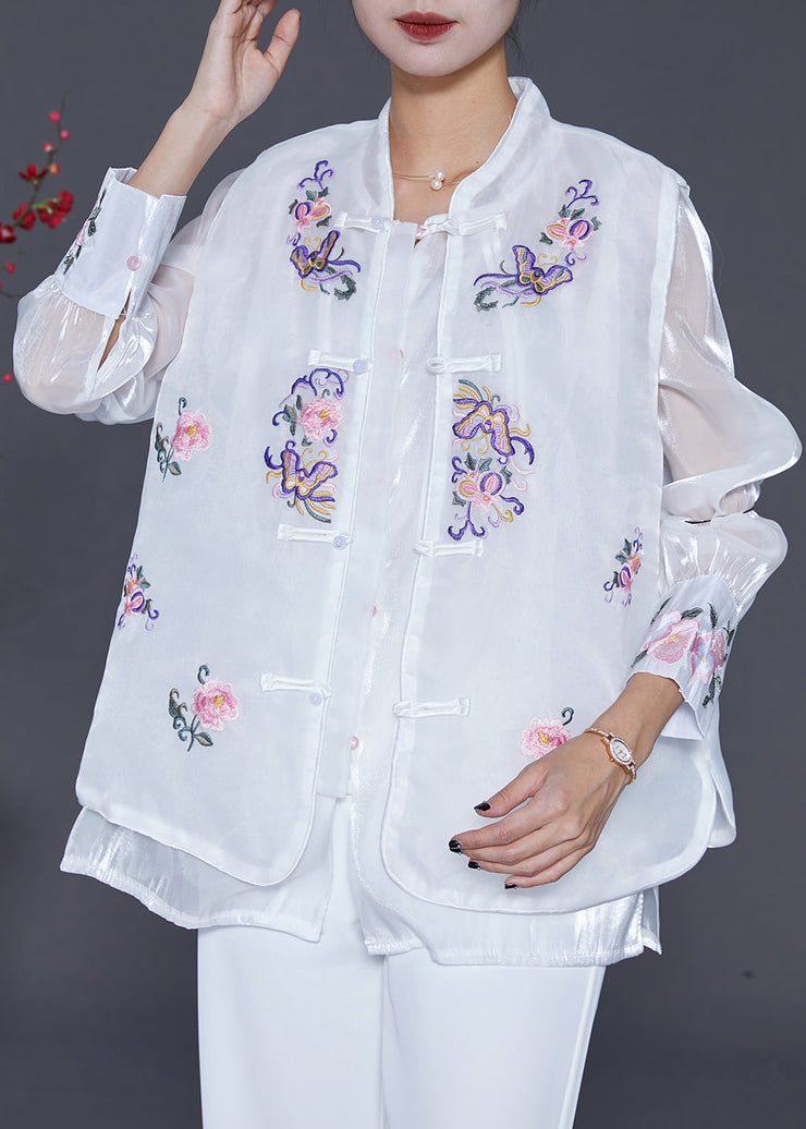 Chic White Embroidered Chinese Button Silk Two Pieces Set Fall