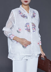 Chic White Embroidered Chinese Button Silk Two Pieces Set Fall