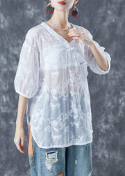 Chic White Embroidered Tassel Tulle Shirt Tops Summer