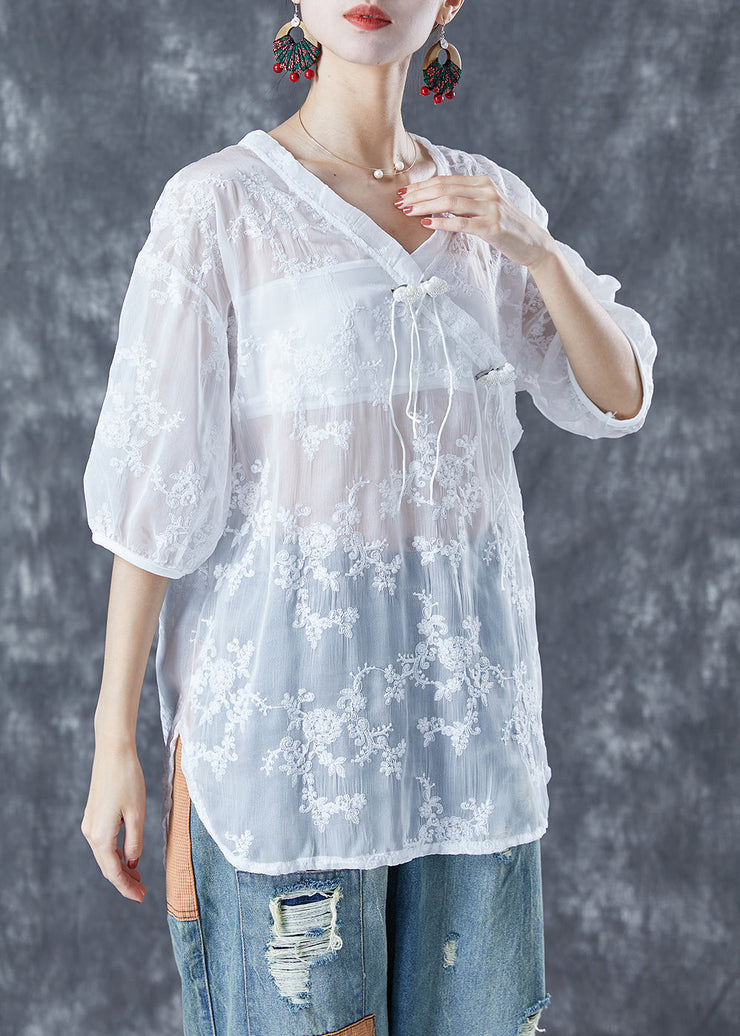 Chic White Embroideried Tassel Tulle Shirt Tops Summer