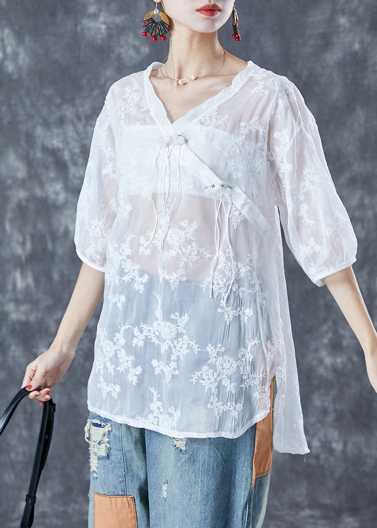 Chic White Embroidered Tassel Tulle Shirt Tops Summer