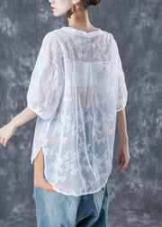 Chic White Embroideried Tassel Tulle Shirt Tops Summer