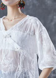 Chic White Embroidered Tassel Tulle Shirt Tops Summer