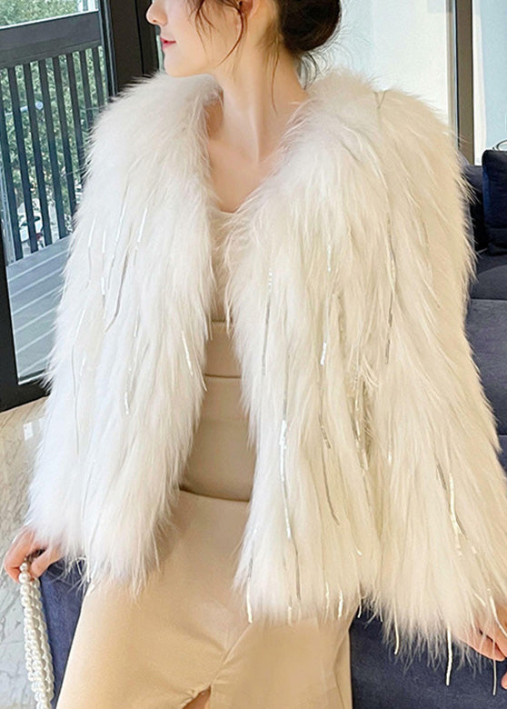 Chic White Fox Collar Tassel Leather And Fur Coats Winter