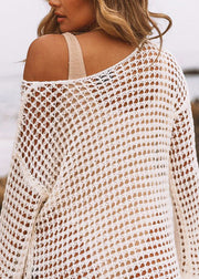 Chic White Hollow Out Knit Cover Up Swimwear