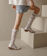 Chic White Hollow Out Lace Up Chunky Boots