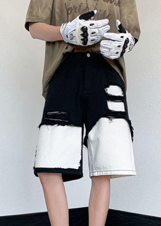 Chic White Hollow Out Pockets Patchwork Denim Mens Shorts Summer