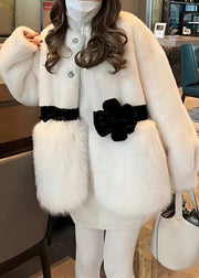 Chic White O Neck Bow Patchwork Mink Hair Coat Winter