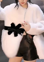 Chic White O Neck Bow Patchwork Mink Hair Coat Winter