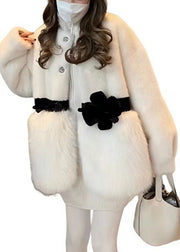 Chic White O Neck Bow Patchwork Mink Hair Coat Winter