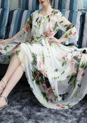 Chic White O-Neck Bow Print Ruffled Chiffon Long Beach Dresses Long Sleeve