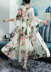 Chic White O-Neck Bow Print Ruffled Chiffon Long Beach Dresses Long Sleeve