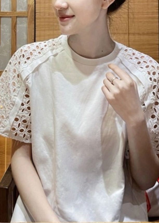 Chic White O-Neck Hollow Out T Shirt Short Sleeve