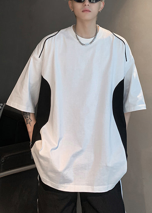 Chic White O Neck Patchwork Cotton Men T Shirt Half Sleeve