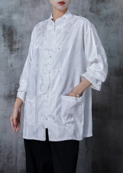 Chic White Oversized Jacquard Silk Blouse Top Spring