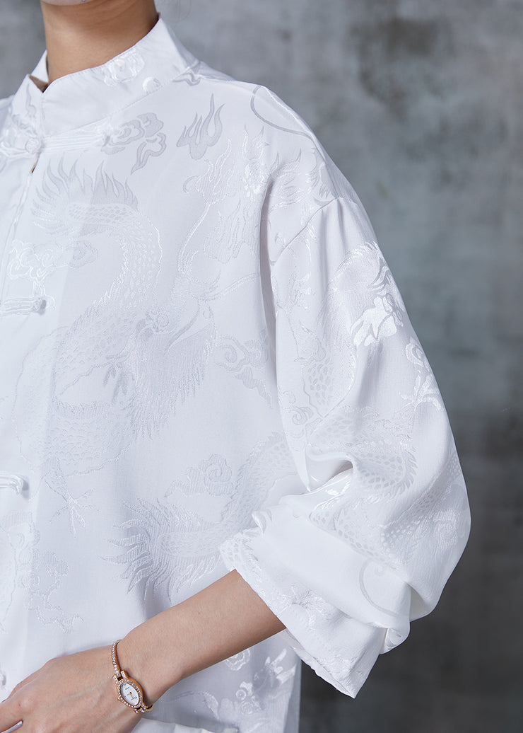 Chic White Oversized Jacquard Silk Blouse Top Spring