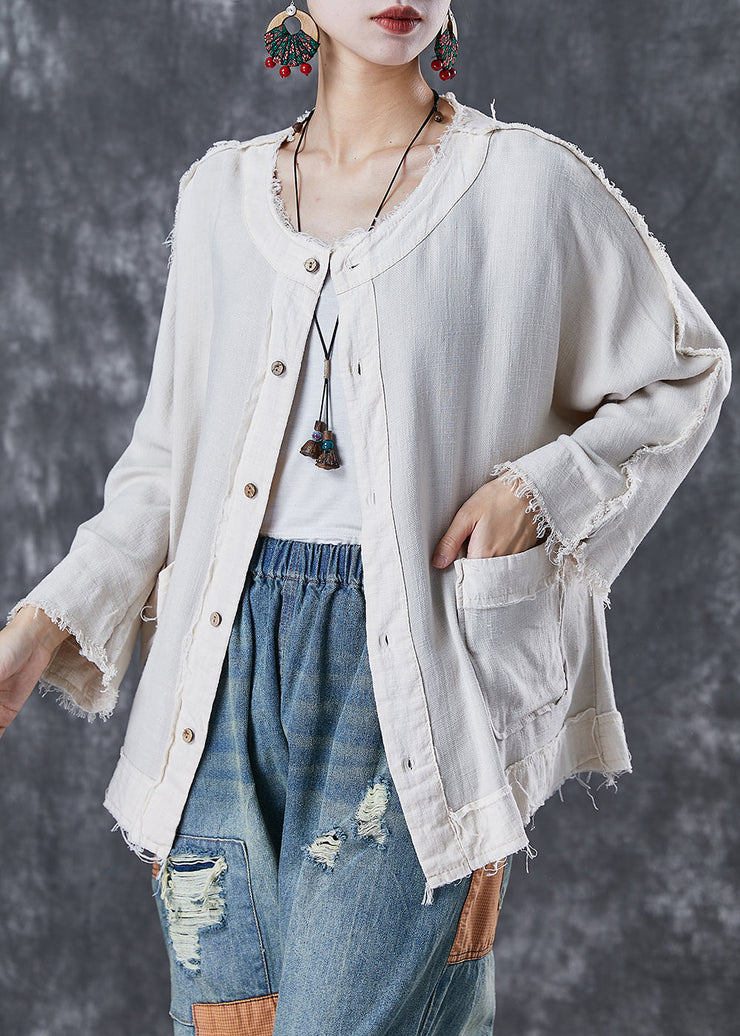 Chic White Oversized Pockets Linen Jacket Fall