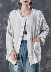 Chic White Oversized Pockets Linen Jacket Fall