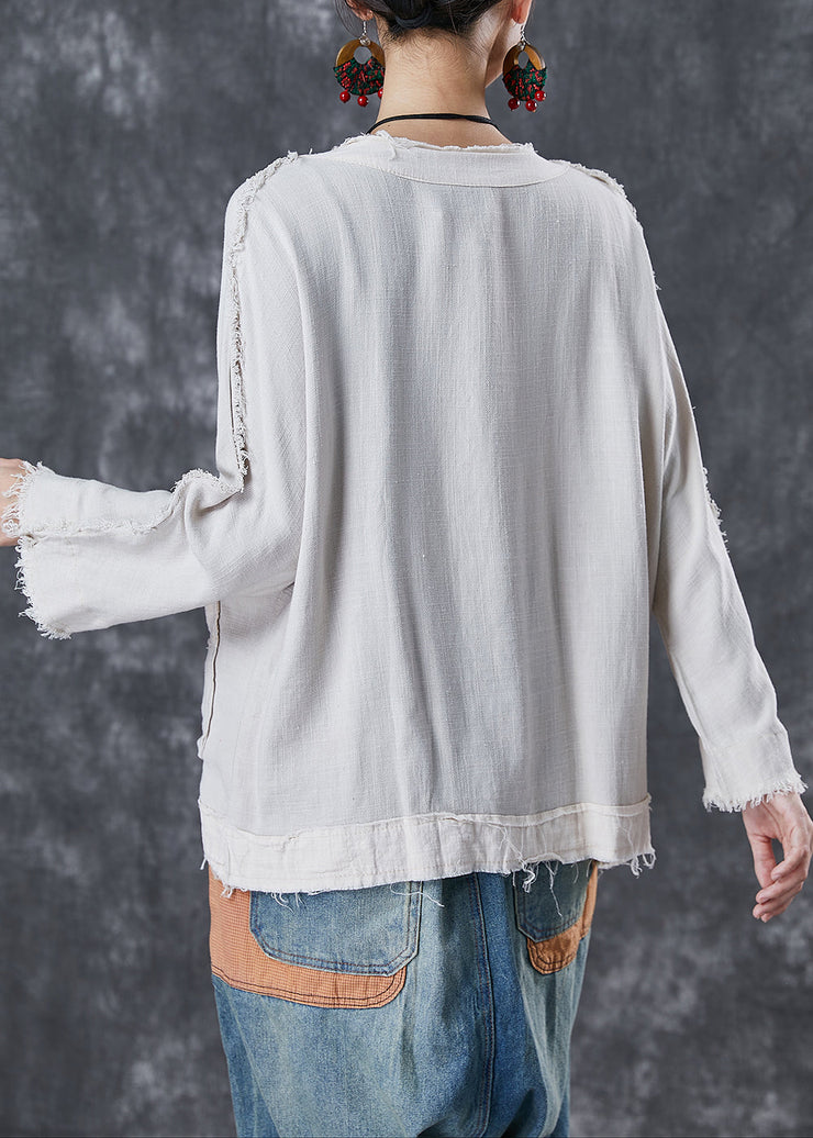 Chic White Oversized Pockets Linen Jacket Fall