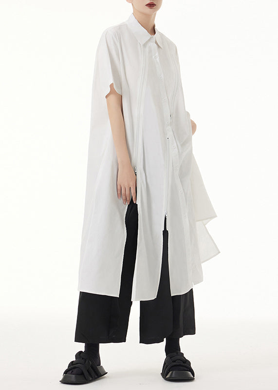 Chic White Peter Pan Collar Asymmetrical Patchwork Cotton Shirt Dress Summer