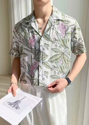 Chic White Peter Pan Collar Button Print Cotton Men Shirts Summer