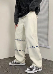 Chic White Print Pockets High Waist Denim Men Pants Fall