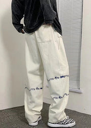 Chic White Print Pockets High Waist Denim Men Pants Fall