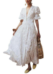 Chic White Puff Sleeve Exra Large Hem Cotton Holiday Dress Spring