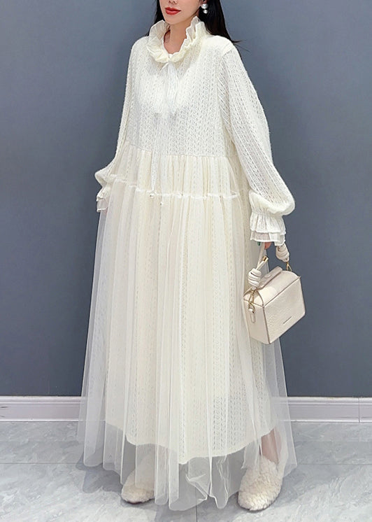 Chic White Ruffled Tulle Lace Dresses Long Sleeve