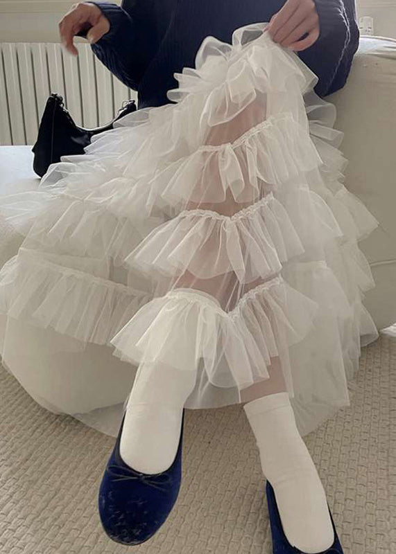 Chic White Ruffles Patchwork High Waist Tulle Skirt Summer