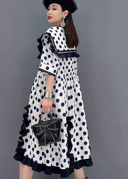 Chic White Sailor Collar Ruffled Patchwork Dot Print Mid Dresses Short Sleeve