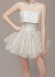 Chic White Slash Neck Lace Up Patchwork Party Dress Sleeveless