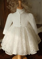 Chic White Stand Collar Button Lace Girls Maxi Dress Spring