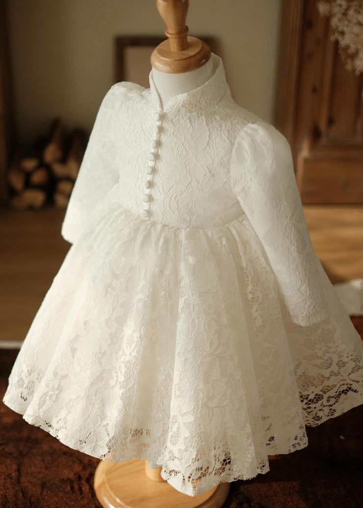 Chic White Stand Collar Button Lace Girls Maxi Dress Spring