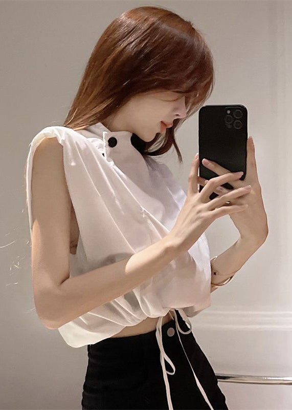 Chic White Stand Collar Drawstring Cotton Blouse Top Sleeveless