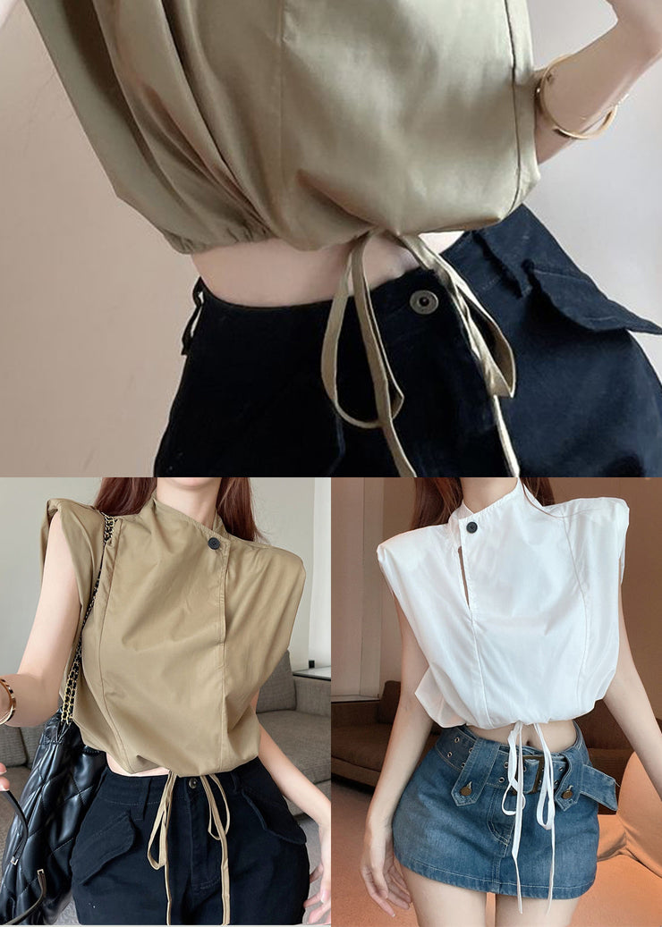 Chic White Stand Collar Drawstring Cotton Blouse Top Sleeveless