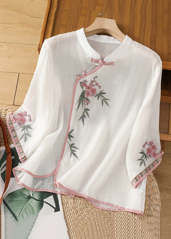 Chic White Stand Collar Embroidered Linen Shirt Bracelet Sleeve