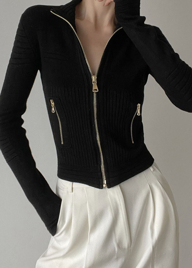 Chic White Stand Collar Zip Up Patchwork Woolen Knit Cardigans Winter