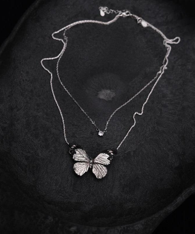 Chic White Sterling Silver Enamel Butterfly Pendant Necklace