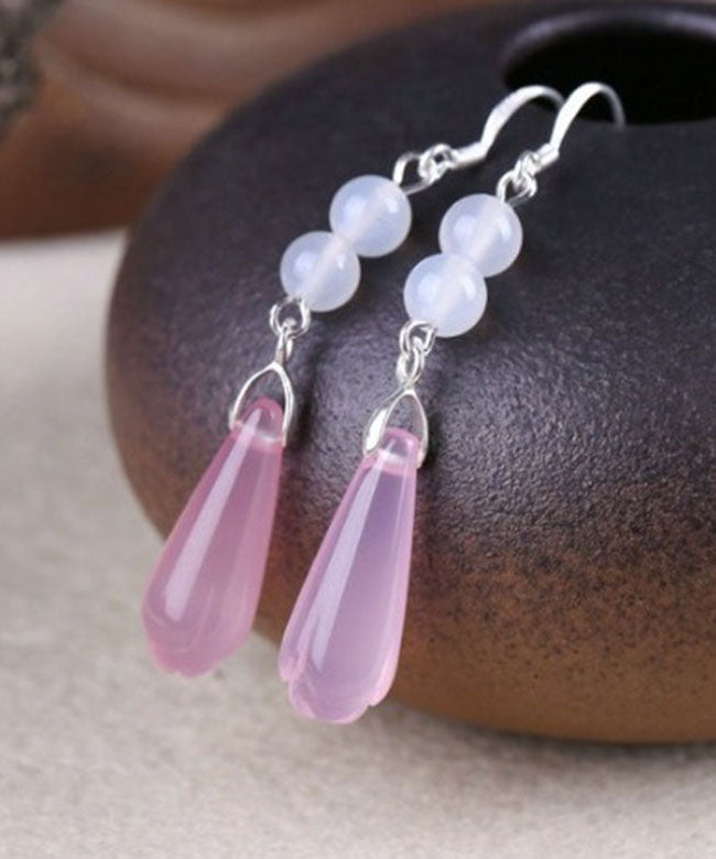 Chic Pink Sterling Silver Jade Sphericity Water Drop Drop Earrings