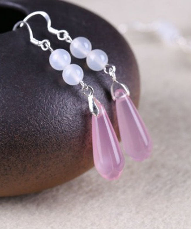 Chic Pink Sterling Silver Jade Sphericity Water Drop Drop Earrings