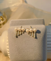 Chic White Sterling Silver Overgild Pearl Zircon Tassel Drop Earrings
