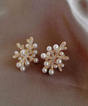 Chic White Sterling Silver Overgild Zircon Coral Pearl Stud Earrings