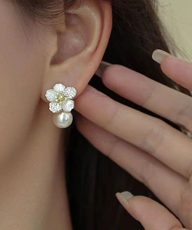 Chic White Sterling Silver Overgild Zircon Pearl Floral Stud Earrings