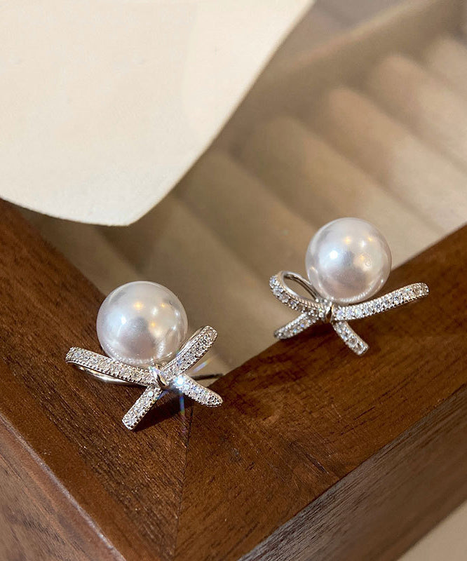 Chic White Sterling Silver Pearl Bow Stud Earrings