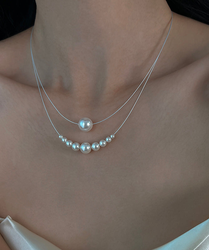 Chic White Sterling Silver Pearl Double Layered Two Piece Set Pendant Necklace