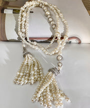 Chic White Sterling Silver Zircon Double Layer Pearl Tassel Gratuated Bead Necklace